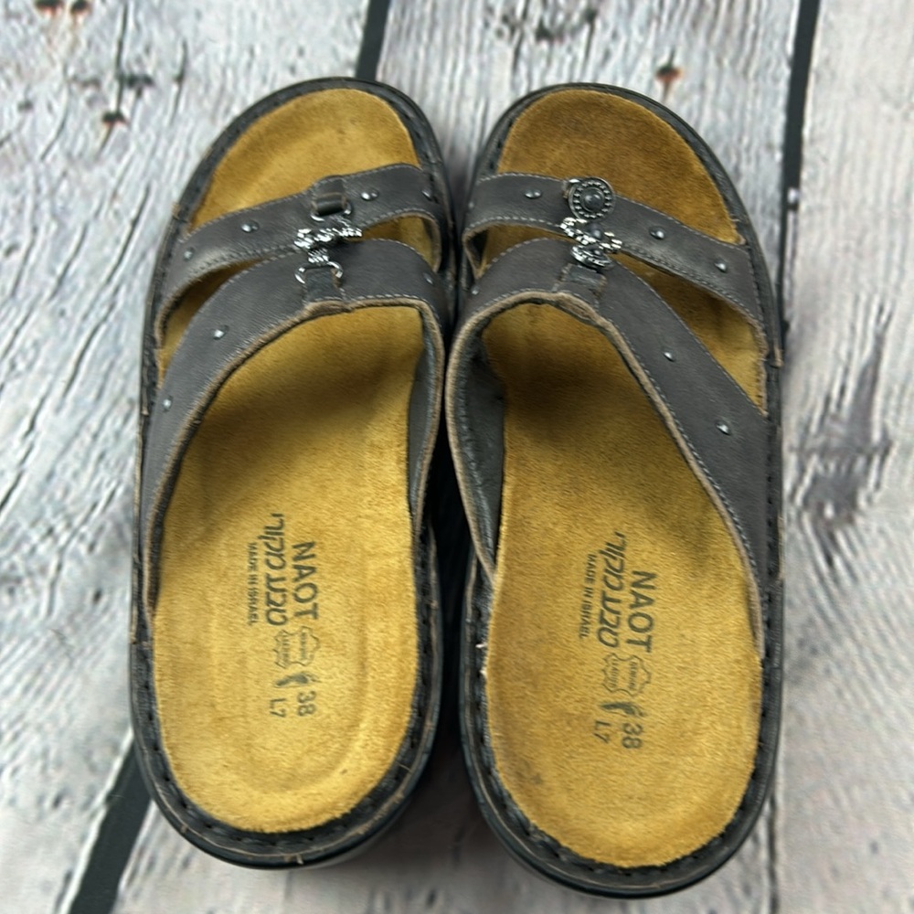 NAOT Deep Metallic Pewter Leather Jeweled Open Toe Slip On Low Wedge Sandals - Picture 15 of 17